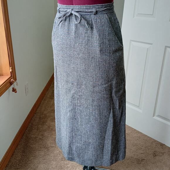 Vintage Wool Pencil Skirt 15/16 maxi houndstooth pockets matching tie belt - Picture 5 of 11